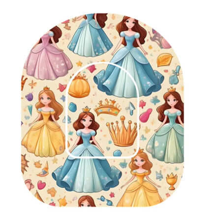 Decorative princess-themed overpatch for Omnipod insulin pump, featuring colorful princess illustrations and crowns.