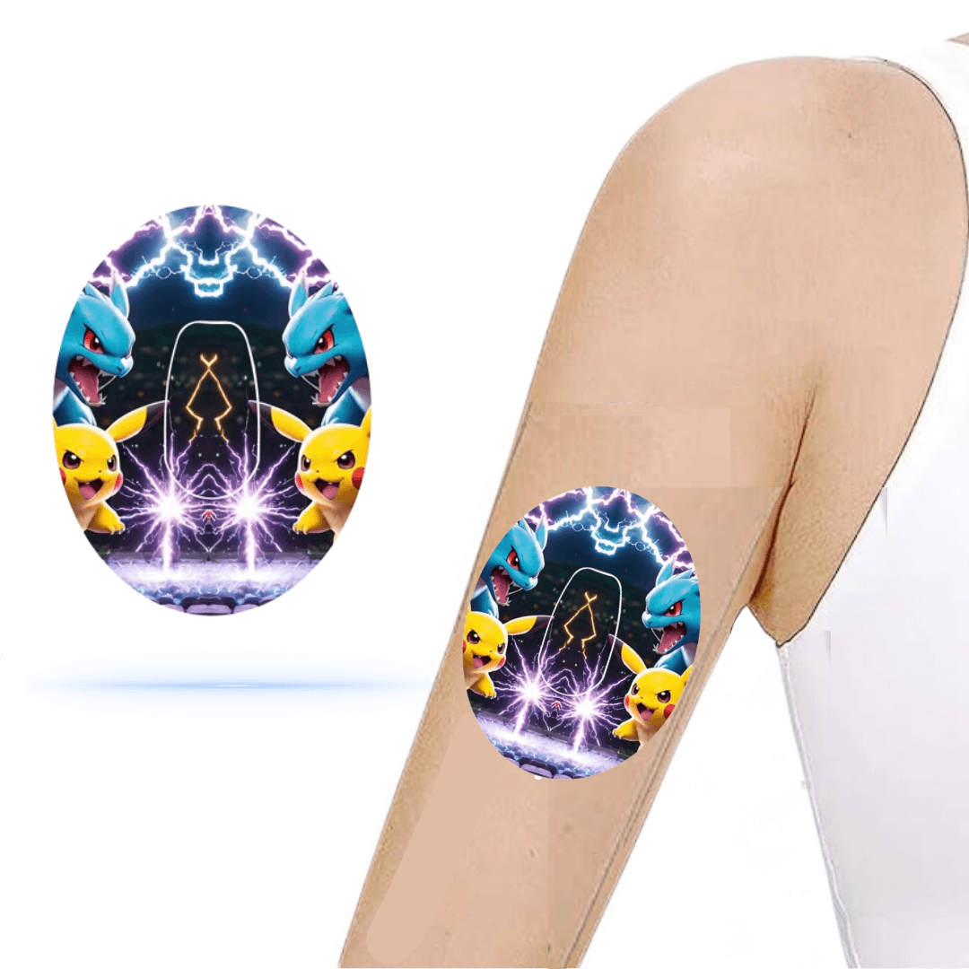 Pokémon CGM-Sensor Overpatch for Dexcom G6 featuring Pikachu and Charizard on an arm.