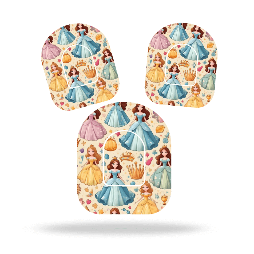 Prinsessans Overpatches designed for Omnipod 5 & Dash with colorful princess and crown patterns, includes Pumpsticker.