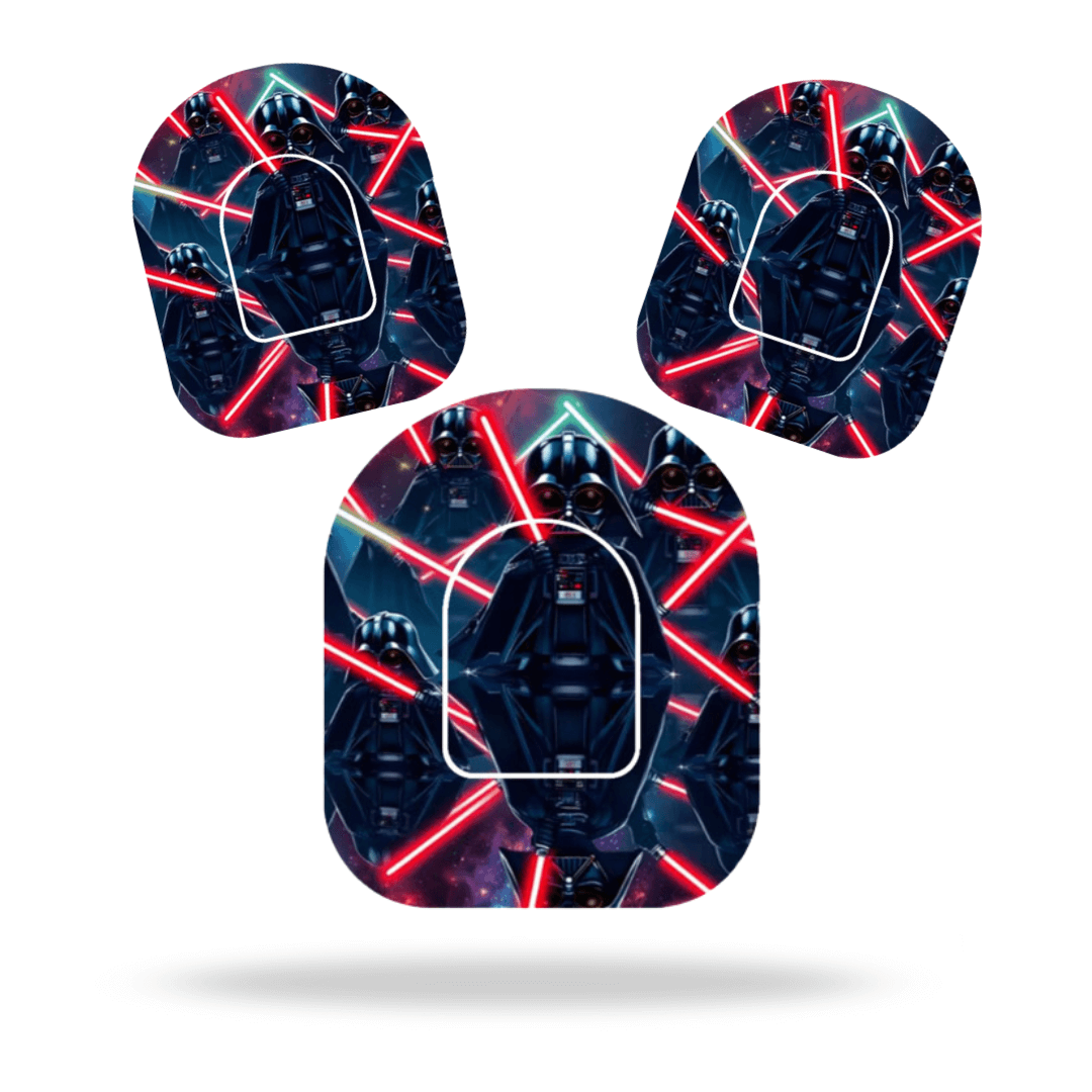 Star Wars Darth Vader universal pump overpatches for Omnipod 5 and Dash with red lightsabers design.