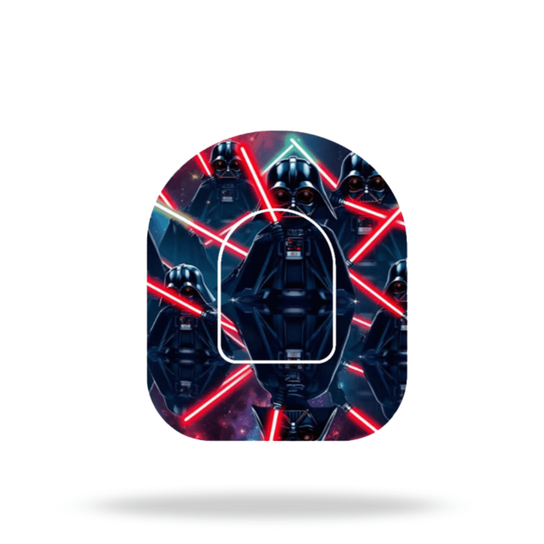 Darth Vader themed overpatch for Omnipod 5 and Dash, featuring lightsabers and a dark space background.