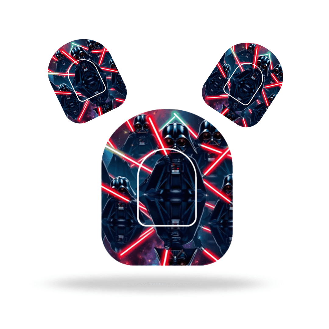 Star Wars Darth Vader pump overpatches design for Omnipod 5 and Dash with red lightsabers.