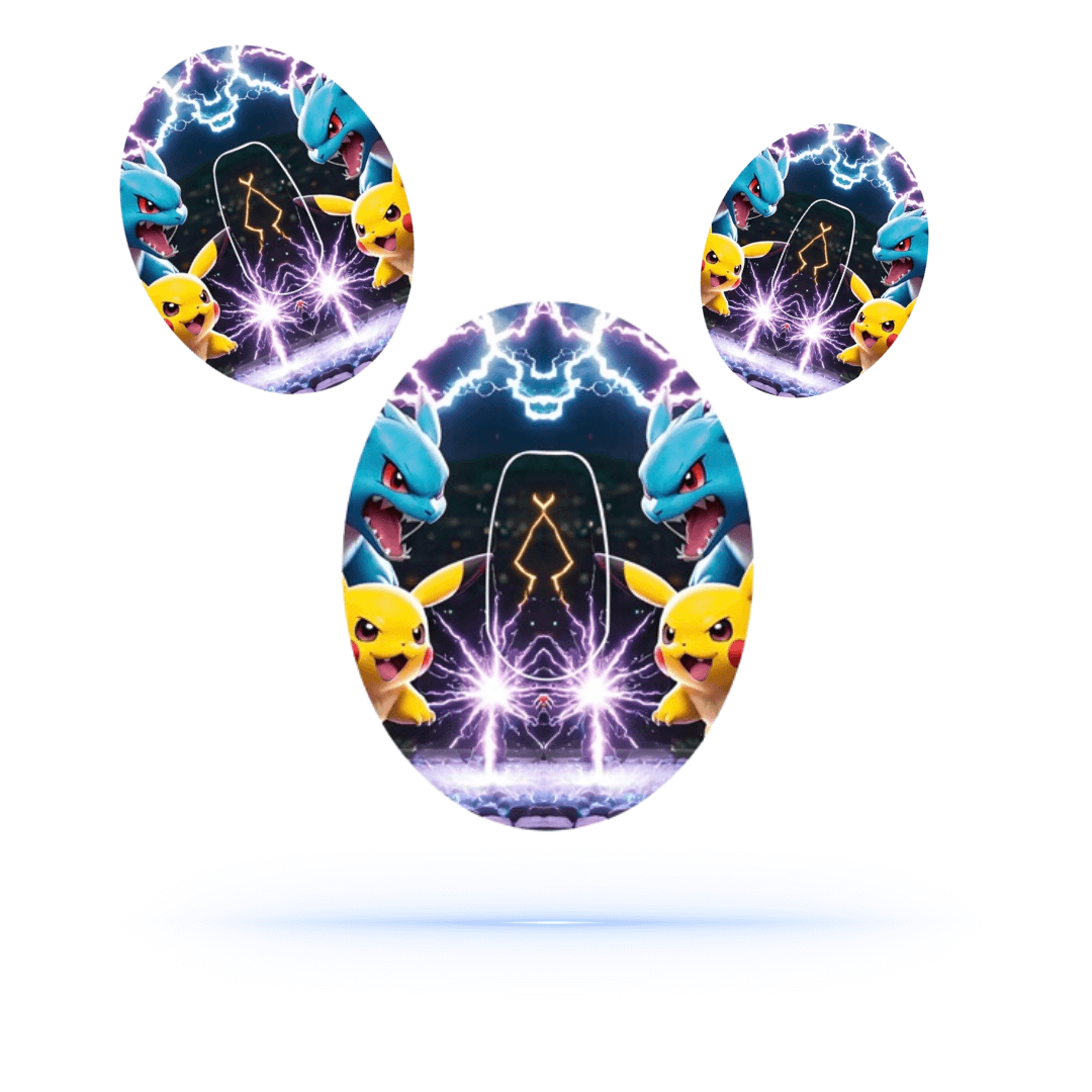 Pokémon CGM-Sensor Overpatch design featuring Pikachu and Charmander in vibrant colors and electric effects.
