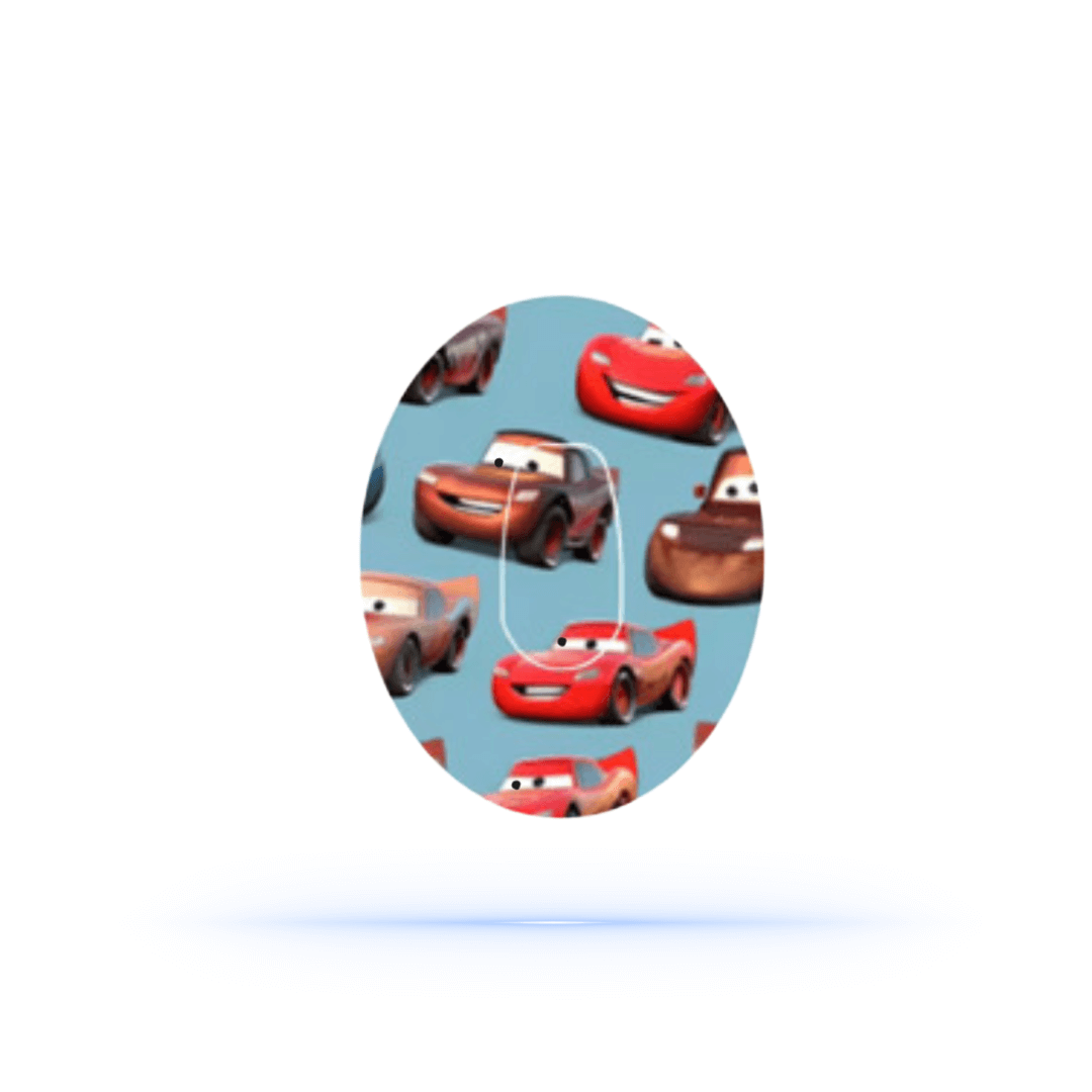 Blixten McQueen design patch for Dexcom G6 sensor, featuring colorful racing characters from Disney/Pixar's Cars.
