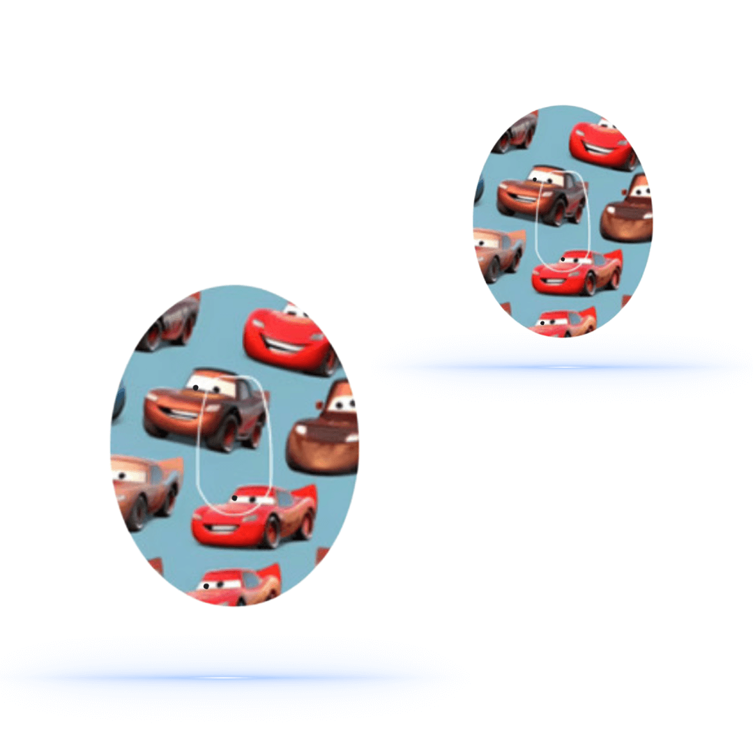 Blixten McQueen themed CGM-sensor overpatches for Dexcom G6 featuring vibrant characters from Disney/Pixar's Cars.