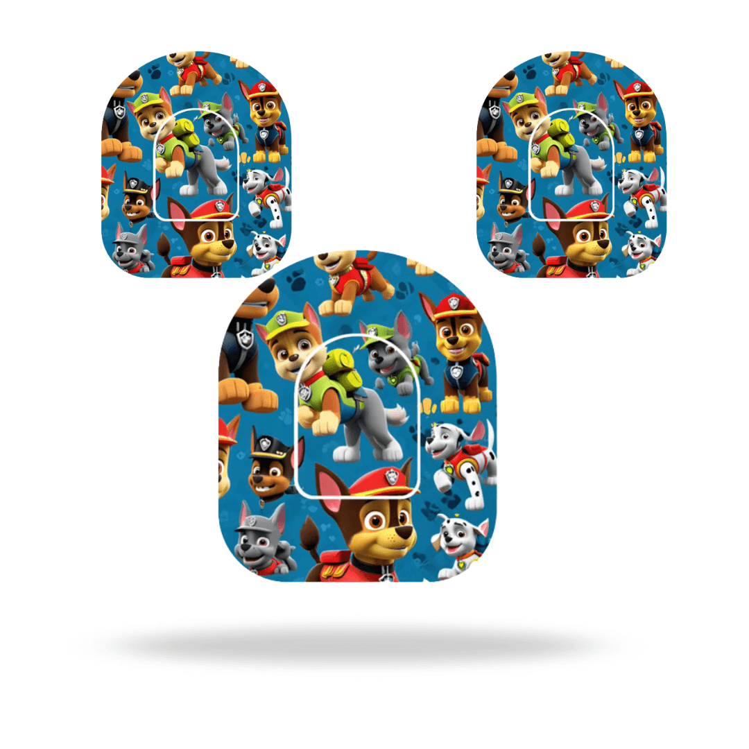 Paw Patrol themed overpatches for Omnipod 5 & Dash insulin pumps including adhesive stability, featuring characters on a blue background.