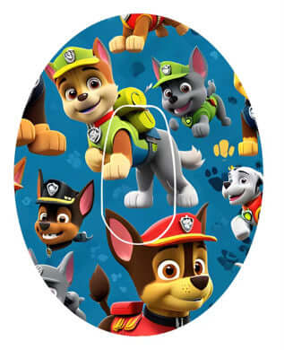 Paw Patrol themed overpatch for Dexcom G6 sensor featuring colorful characters and playful design.