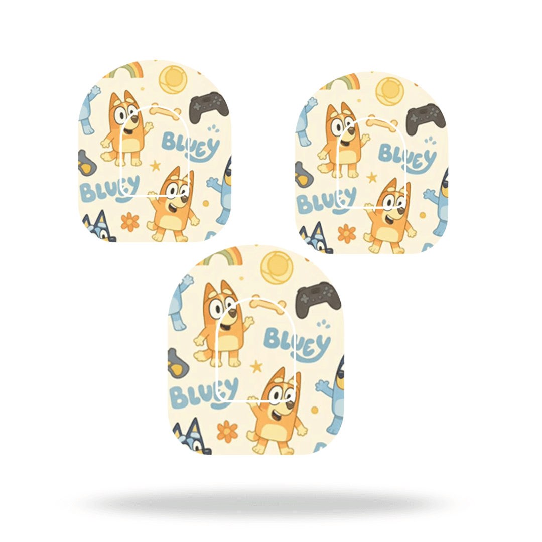 Bluey and Bingo pump overpatches for Omnipod, featuring fun designs and improved stability for insulin pumps.