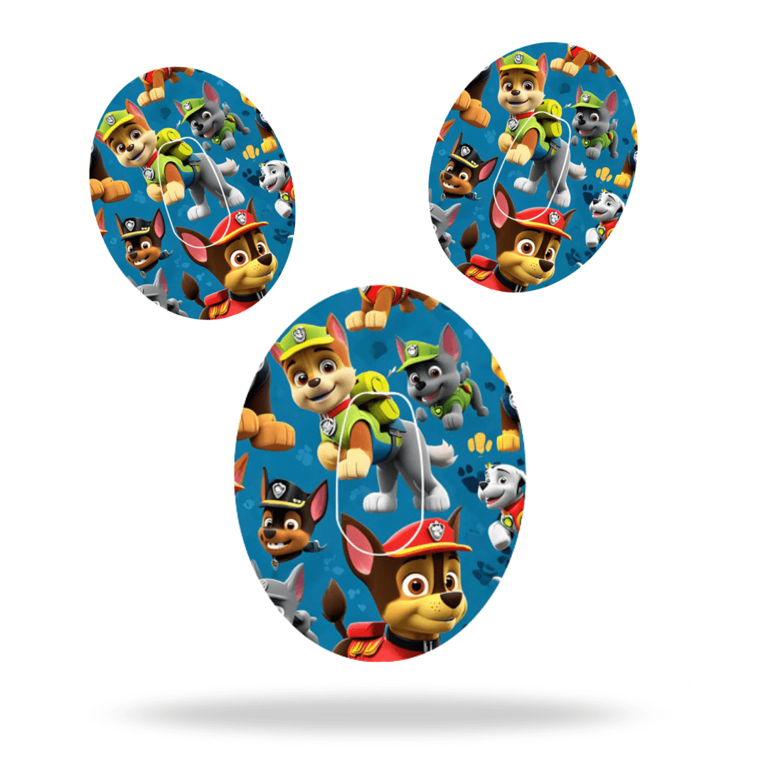 Paw Patrol characters design on colorful overpatch, ideal for Dexcom G6 sensors, playful and protective.