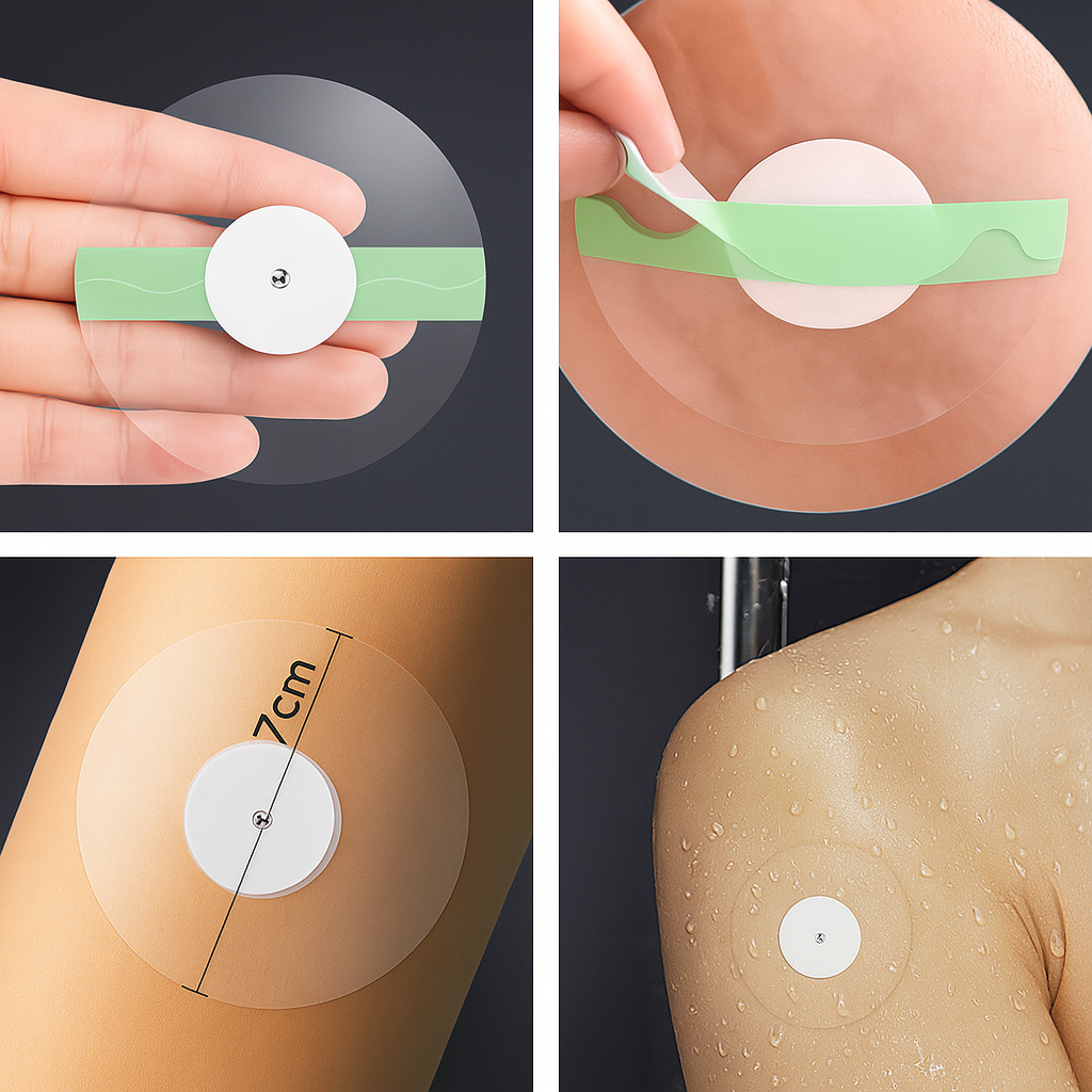 Närbild av Transparent CGM Patch för Freestyle Libre som visar det hypoallergena materialet och perfekt passform för en trygg fixering.