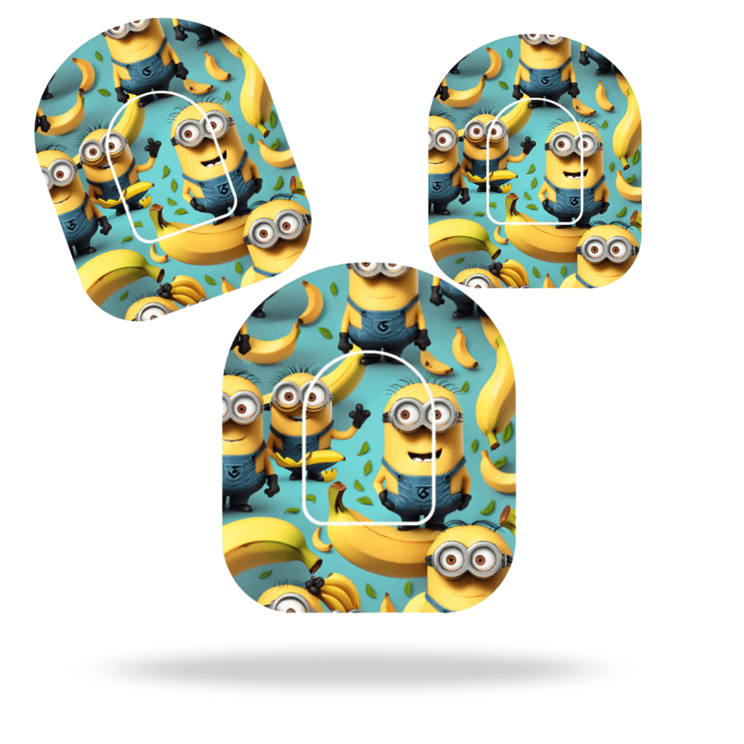 Minions-themed universal pump overpatches for Omnipod 5 & Dash, featuring vibrant design with bananas and Minion characters.