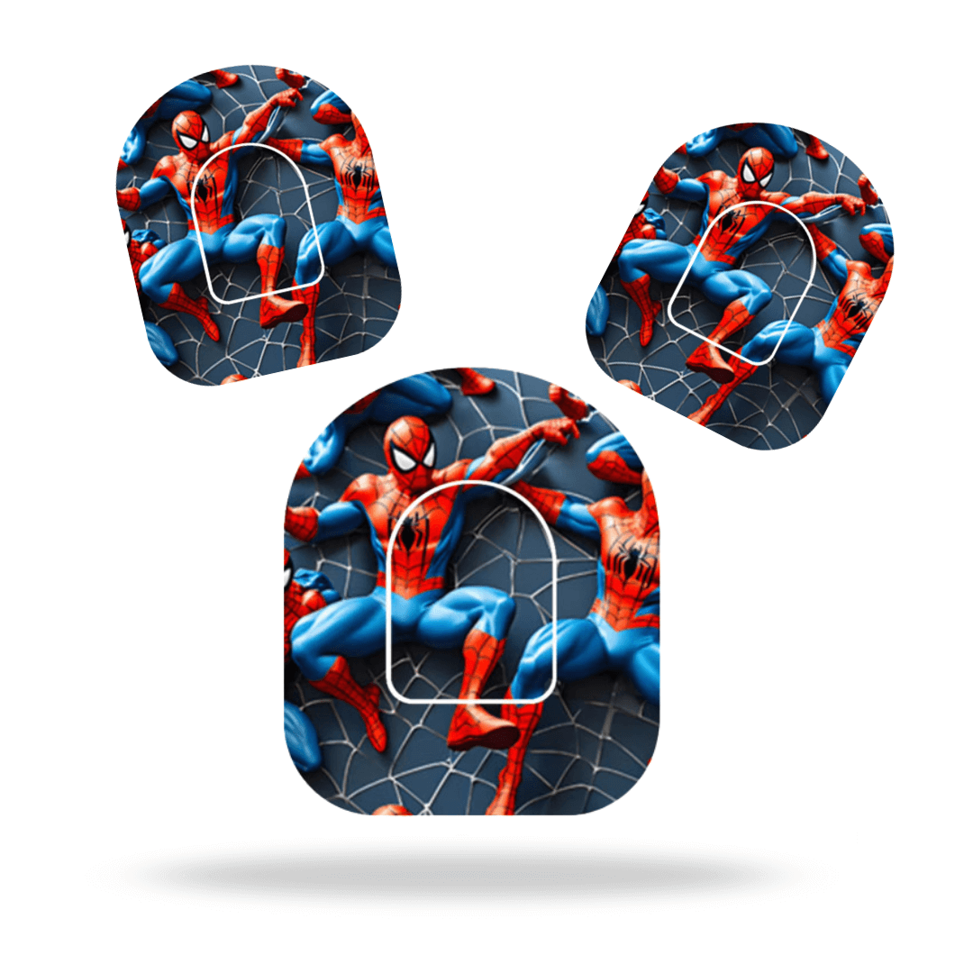 Spiderman-themed pump overpatches for Omnipod 5 & Dash with included pump sticker, designed for stability.