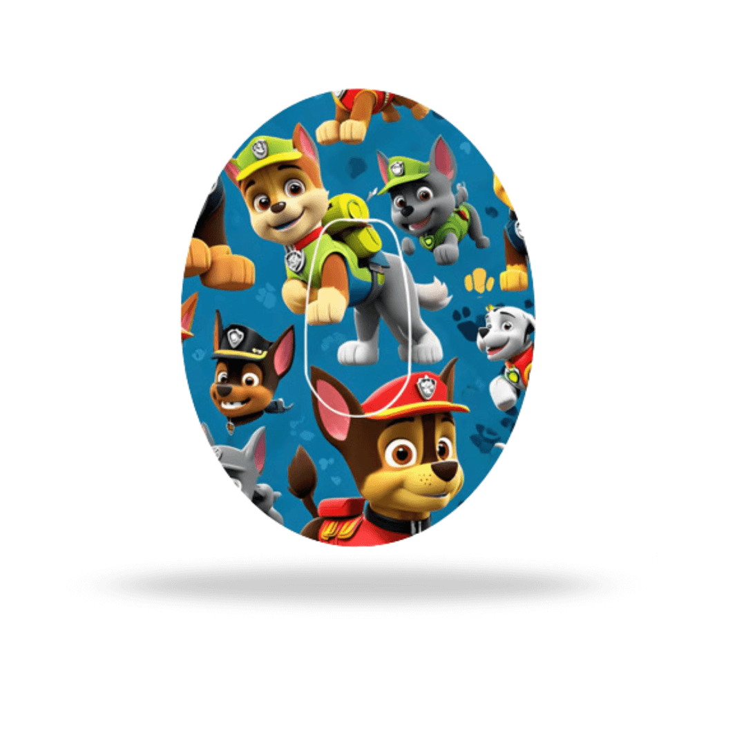 Paw Patrol CGM-Sensor Overpatch design featuring colorful characters on a blue background.