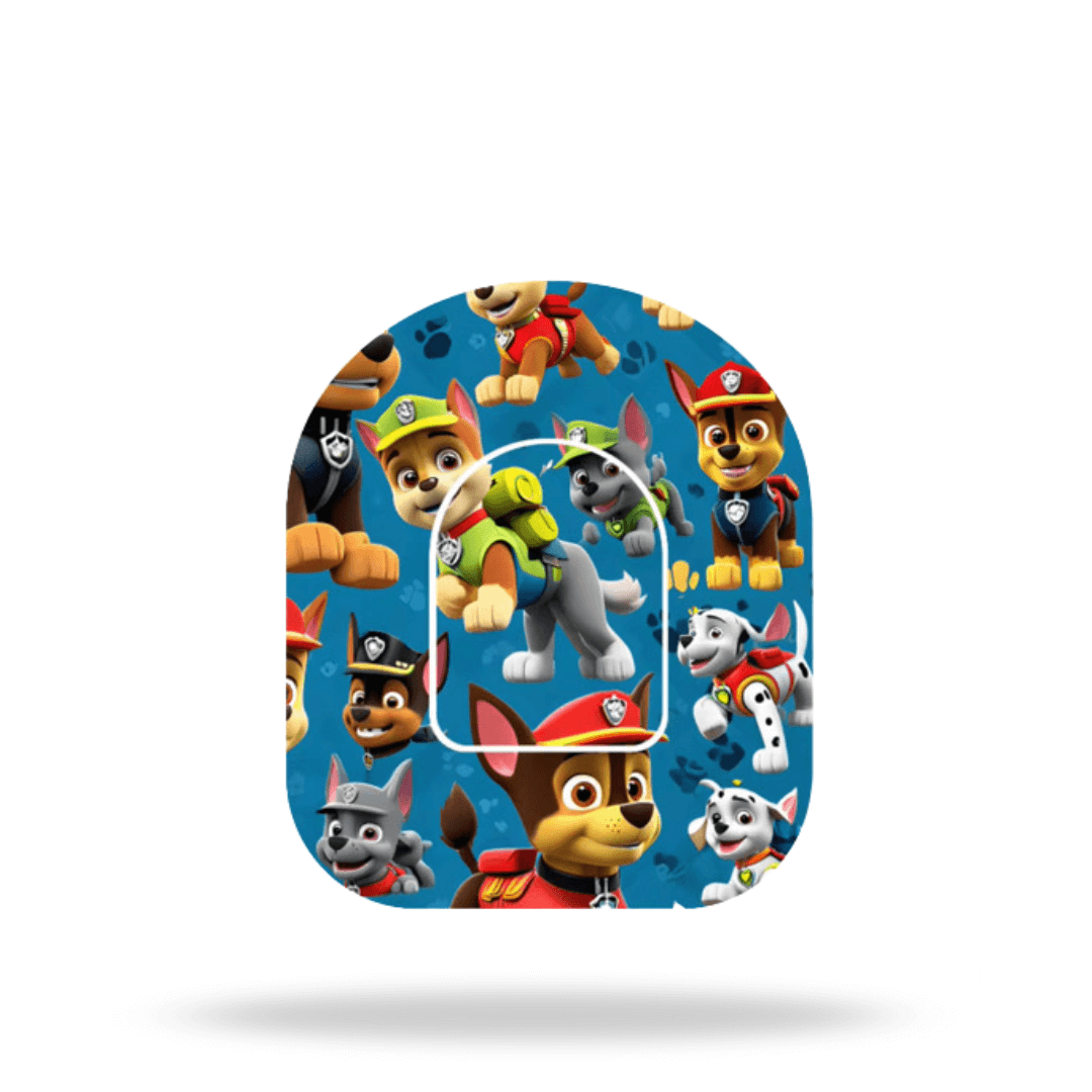 Paw Patrol themed pump overpatch for Omnipod 5 & Dash, featuring vibrant designs for insulin pumps.