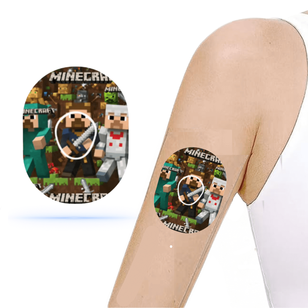 Minecraft CGM-sensor overpatch on arm featuring pixel art characters for Dexcom G7.