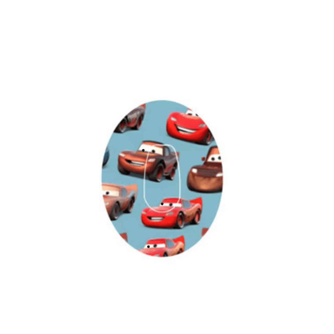 Blixten McQueen CGM-Sensor overpatch featuring colorful characters from Disney/Pixar's Cars.
