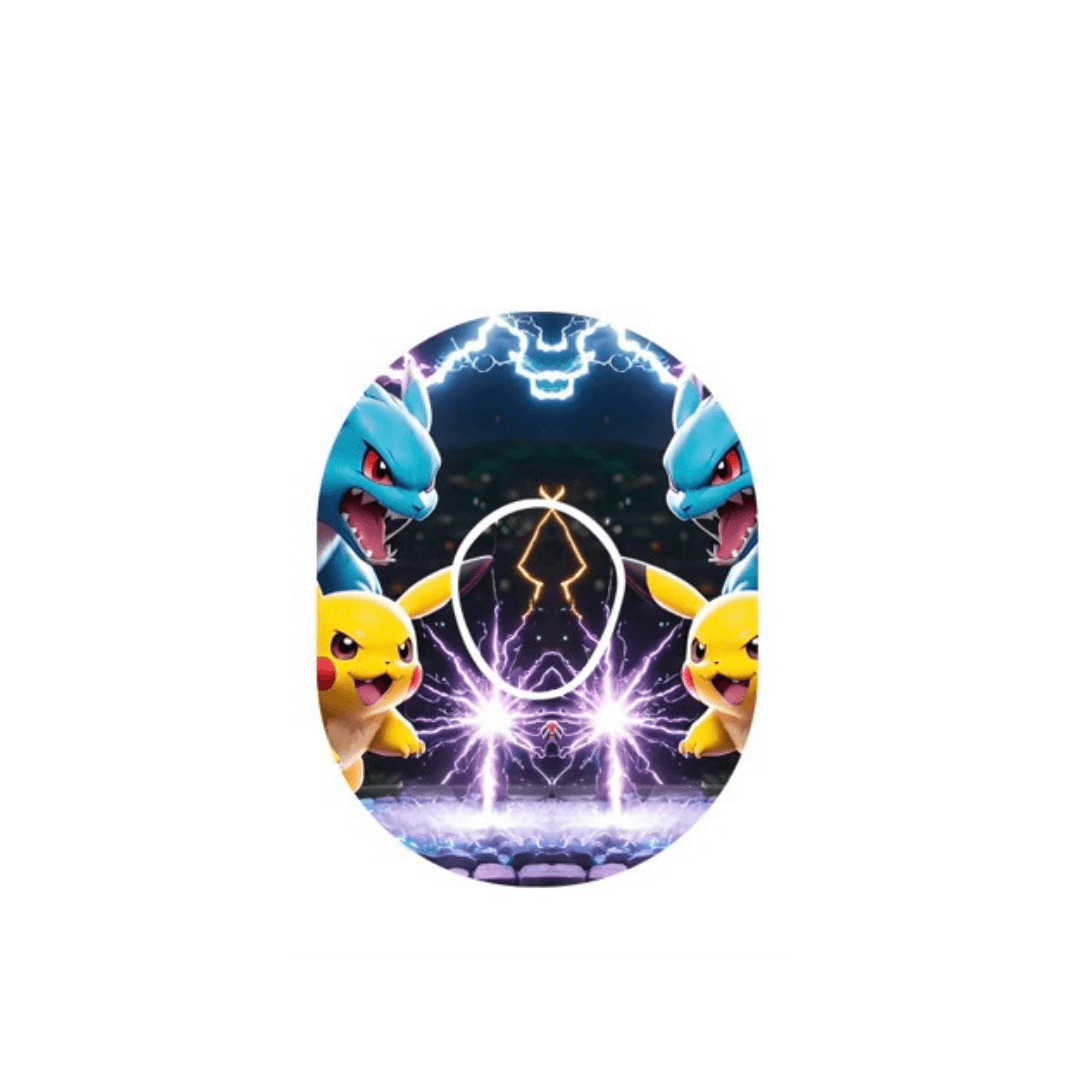 Färgglad Pokémon CGM-sensor överpatch med Pikachu och blå drake i ett äventyrsinspirerat mönster.