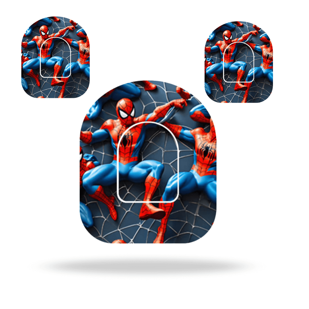 Spiderman-themed overpatches for Omnipod 5 and Dash insulin pumps with pump sticker for added stability and style.