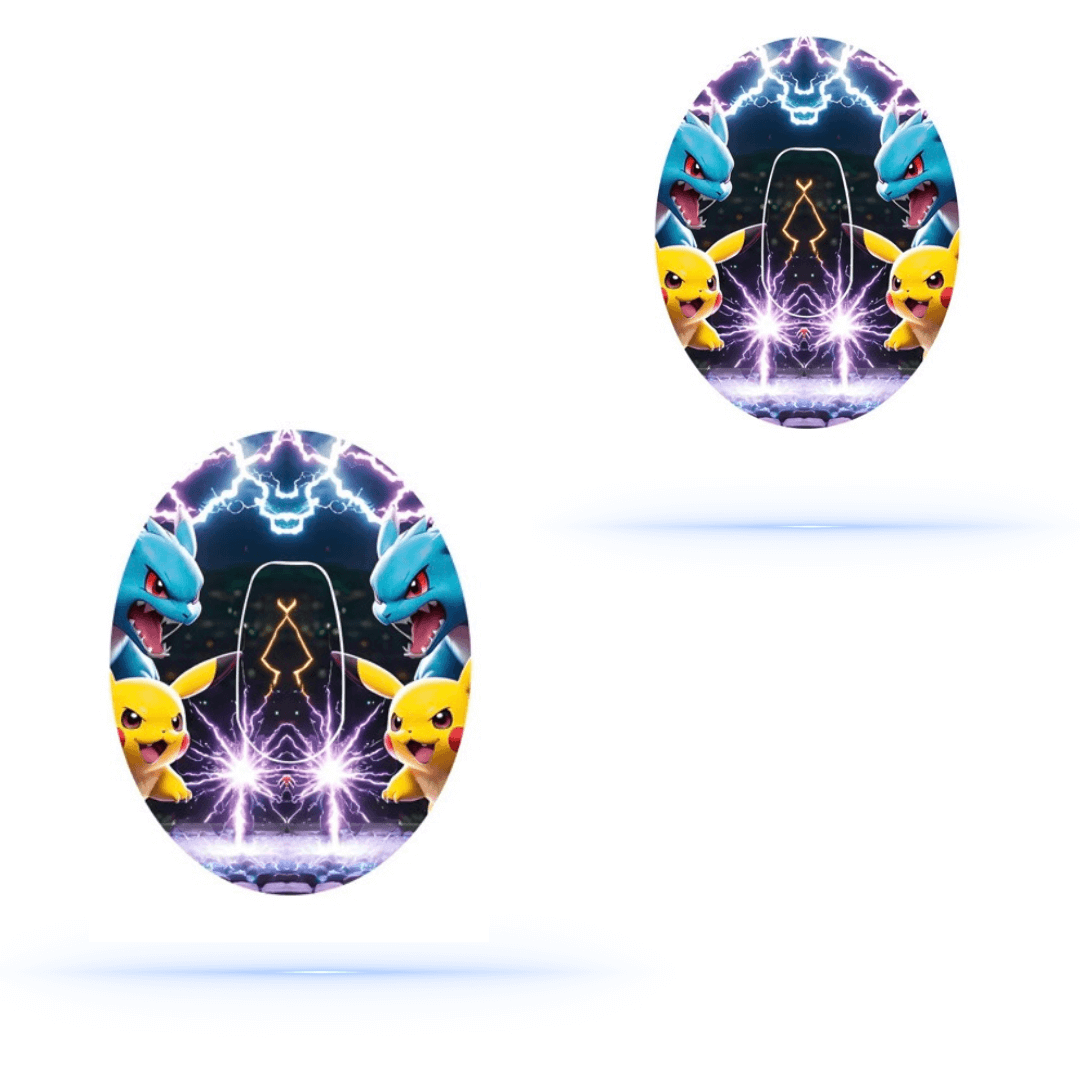 Pokémon-themed overpatch design featuring Pikachu and Charizard on a colorful, lightning background.
