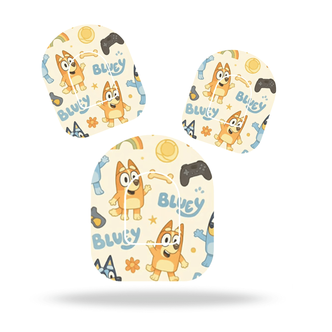 Colorful Bluey and Bingo pump overpatches for Omnipod 5 and Dash, featuring playful designs.
