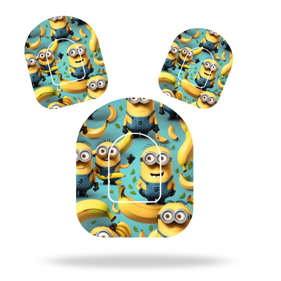 Minions-themed pump overpatches for Omnipod 5 & Dash, featuring bananas, offer extra stability and style. Includes pump sticker.