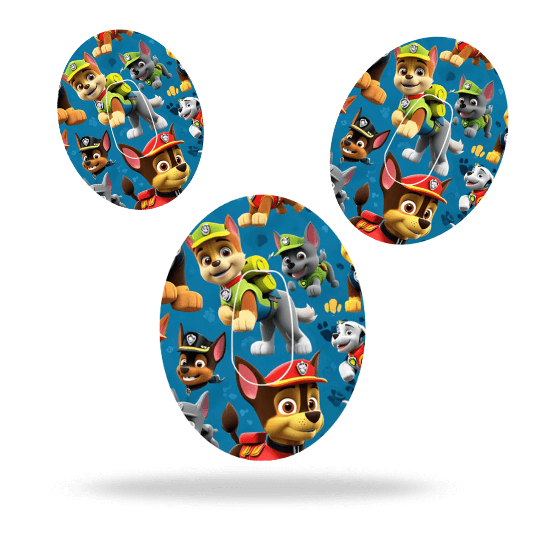 Paw Patrol themed CGM sensor overpatch featuring characters in vibrant colors for Dexcom G6.