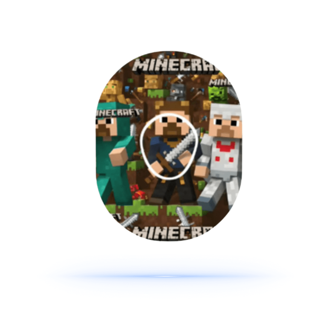 Minecraft CGM sensor overpatch design featuring iconic characters and blocks for Dexcom G7 protection.