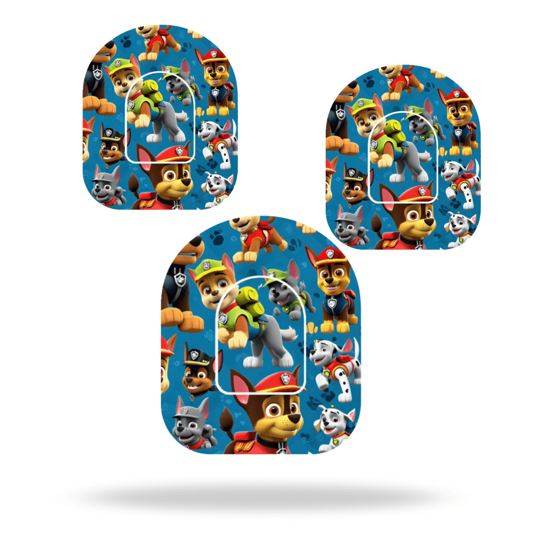 Paw Patrol-themed pump overpatches for Omnipod 5 & Dash with vibrant character designs.