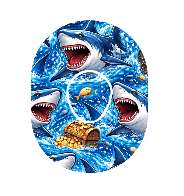 Dexcom ONE+ Sensorplåster Sharks & Gold Treasure – Vattentåliga overpatches.