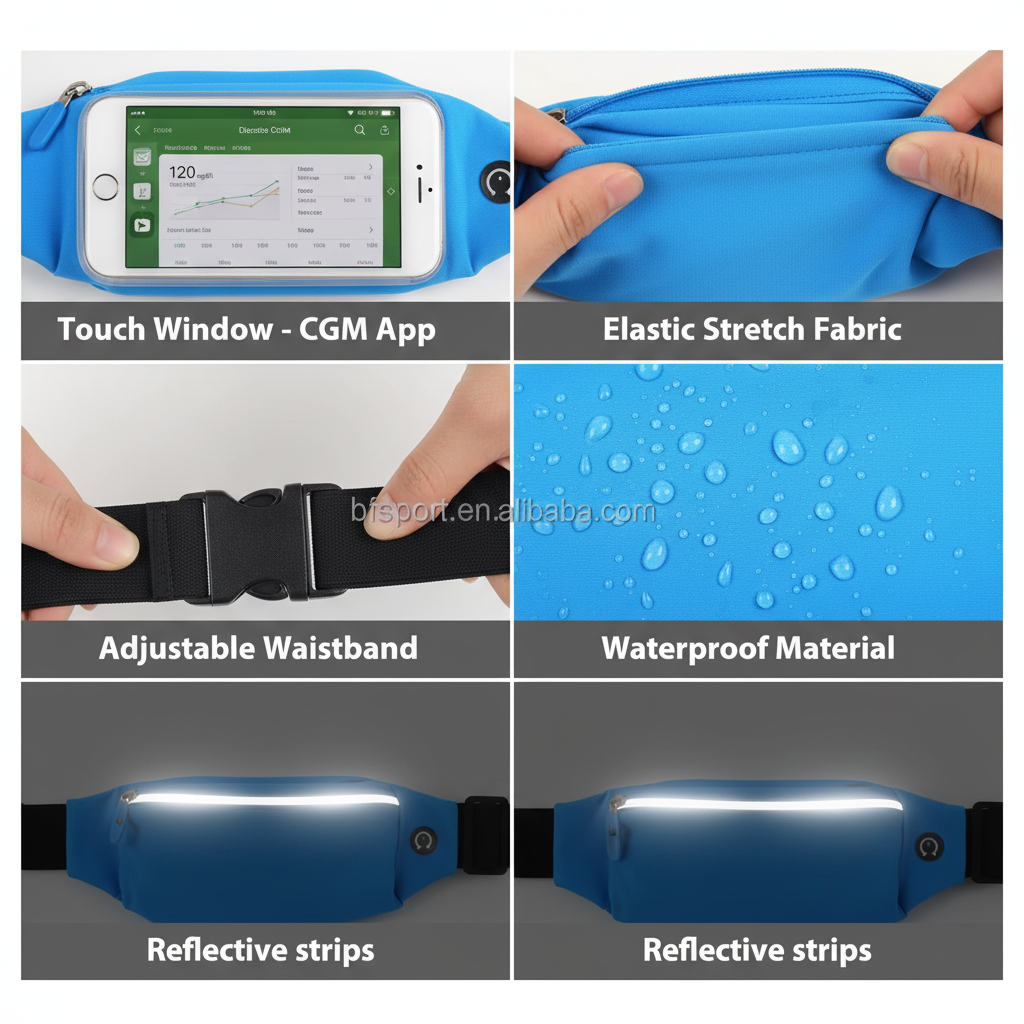 GlukoBältet Touch - Vattentätt löparbälte med touchfönster och reflekterande remsor för säker träning och glukoskontroll.