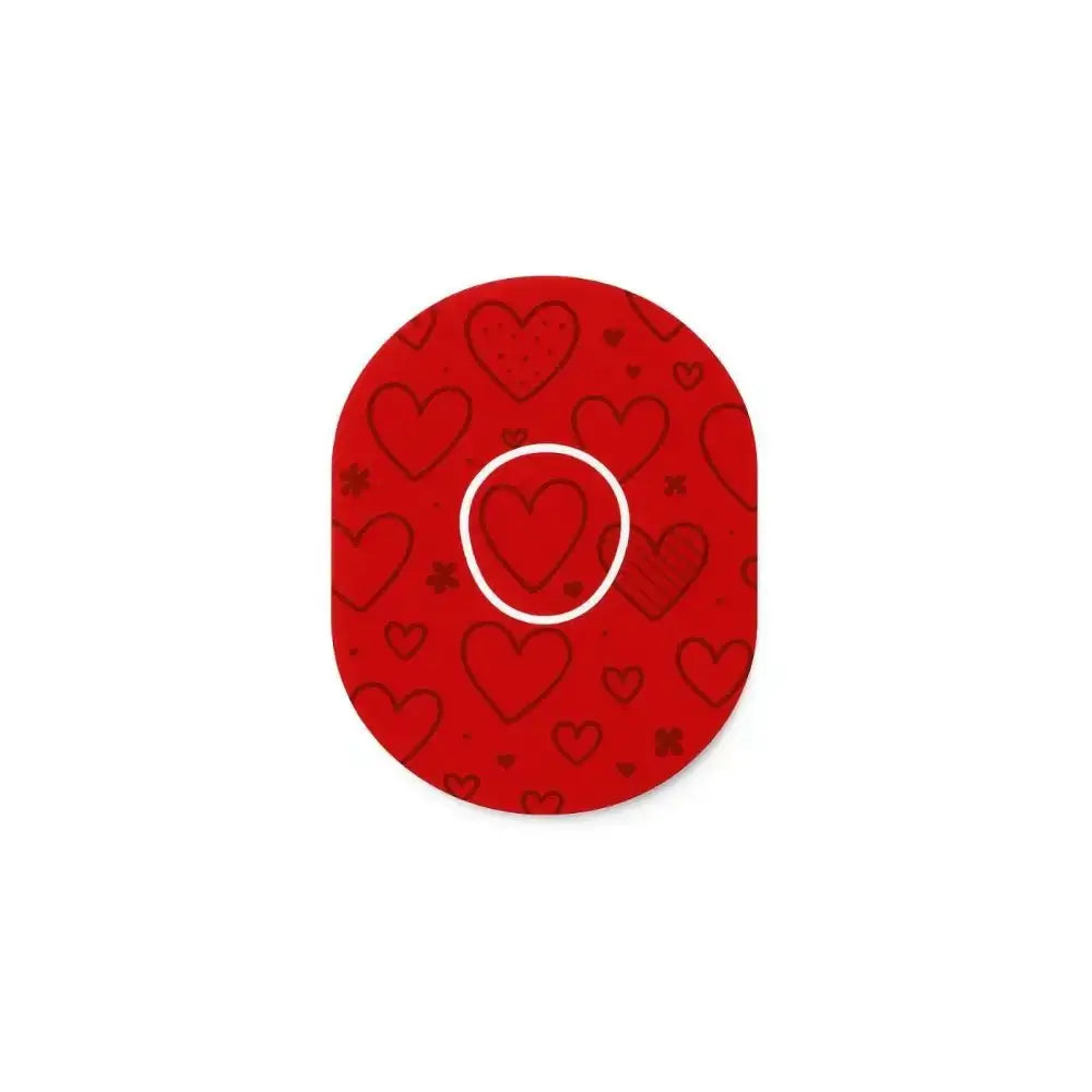 Röd Heart Overpatch för Dexcom One+ med hjärtmönster, ger sensor personlig stil och trygghet. Perfekt för barn och vuxna.