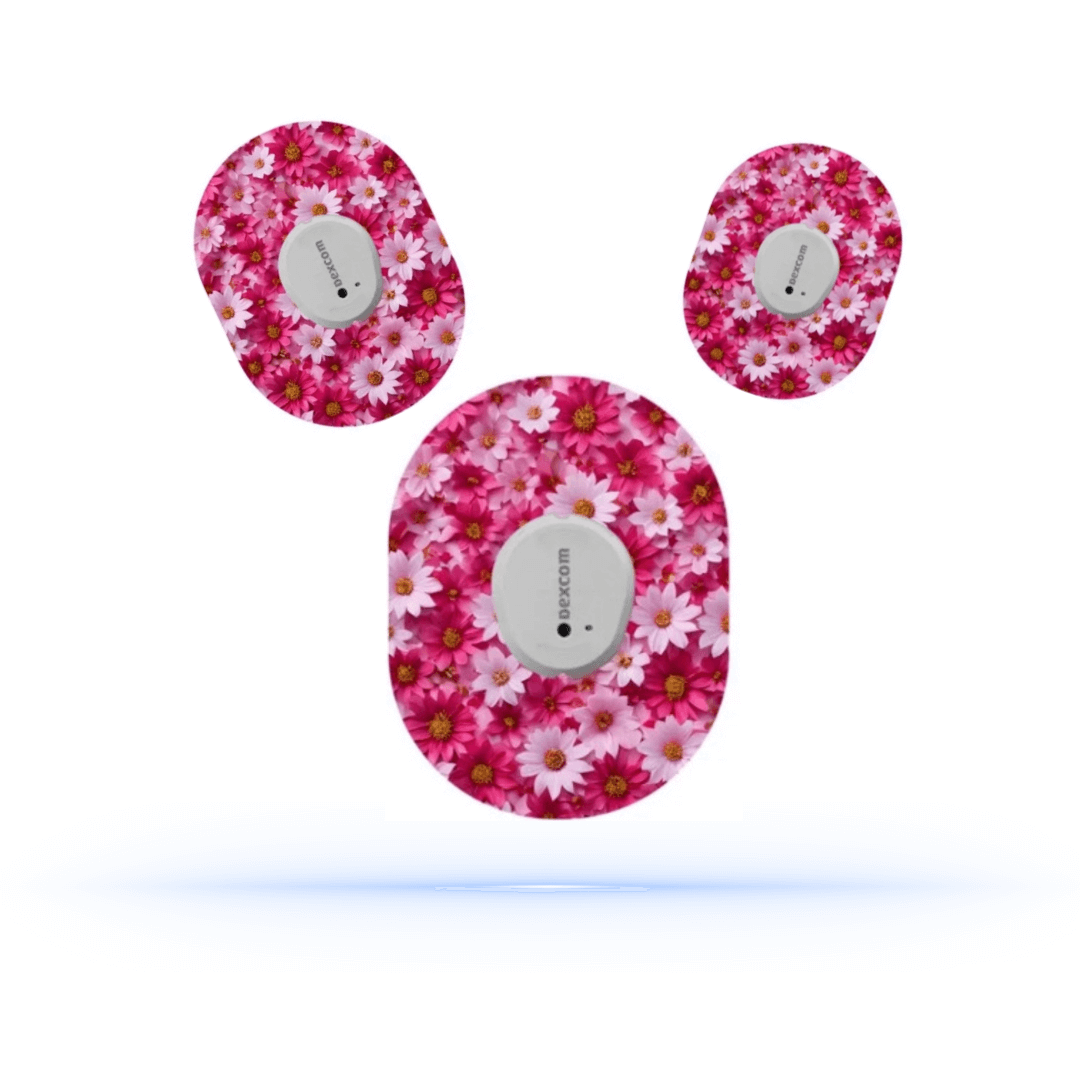 Pink flower CGM sensor patches för Dexcom G7 (5-Pack) - Diabeteshjalp