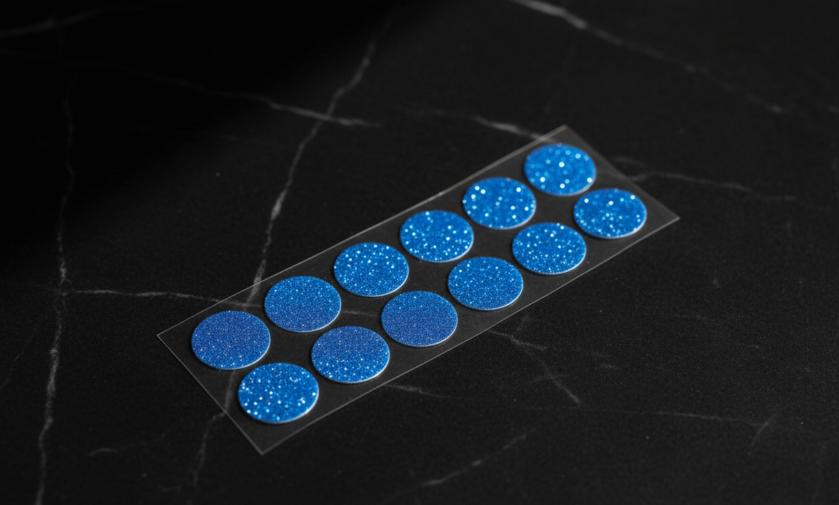 Freestyle Libre glitterstickers i blått, premium glitterdesign för Freestyle Libre 1 och 2 sensorer.