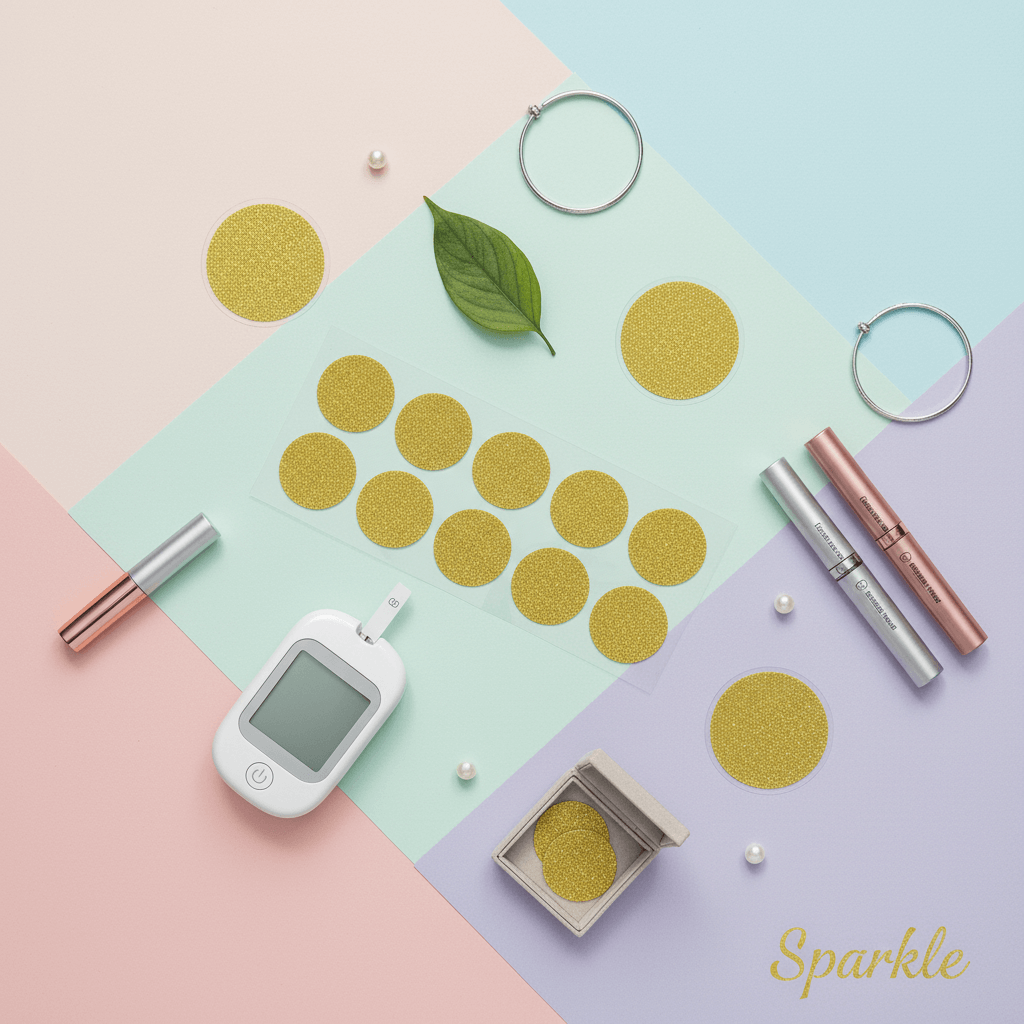 Freestyle Libre glitterstickers i guld, dekorativa accessoarer för CGM-sensorer. Förvandla din Freestyle Libre med stil.
