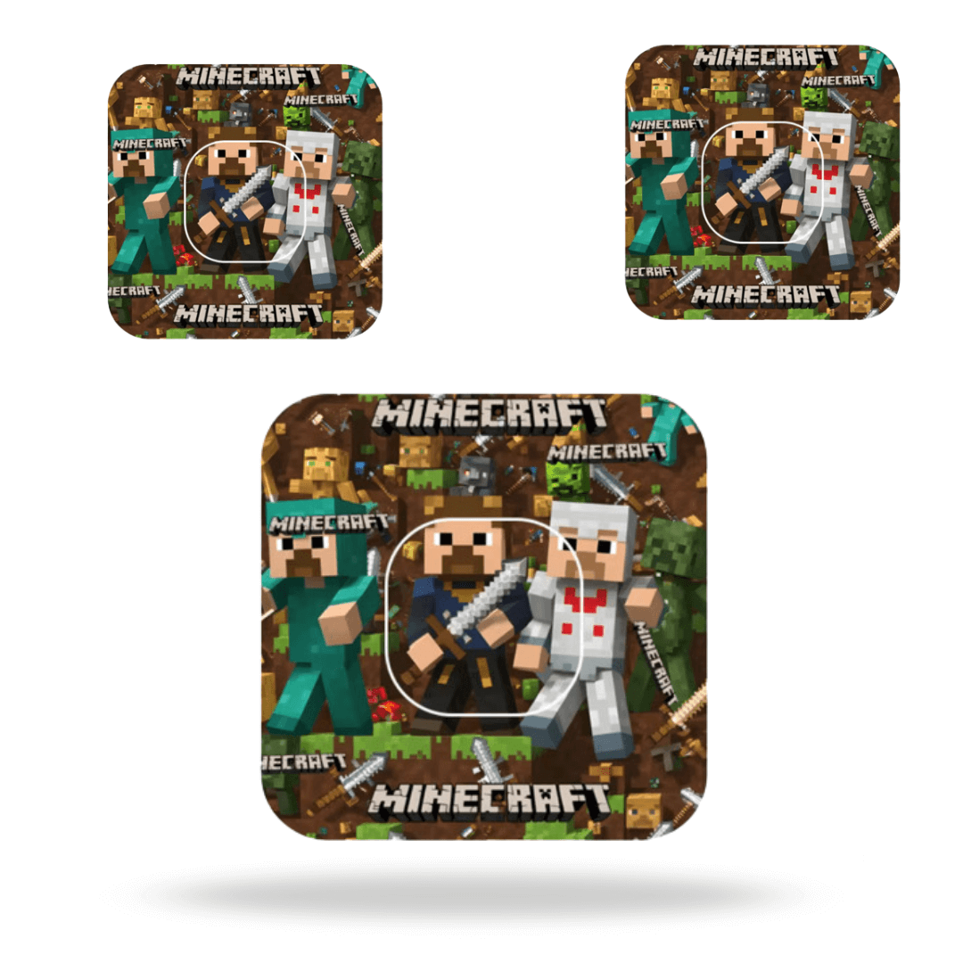 Minecraft-themed CGM sensor overpatch featuring characters in vibrant pixel art style.