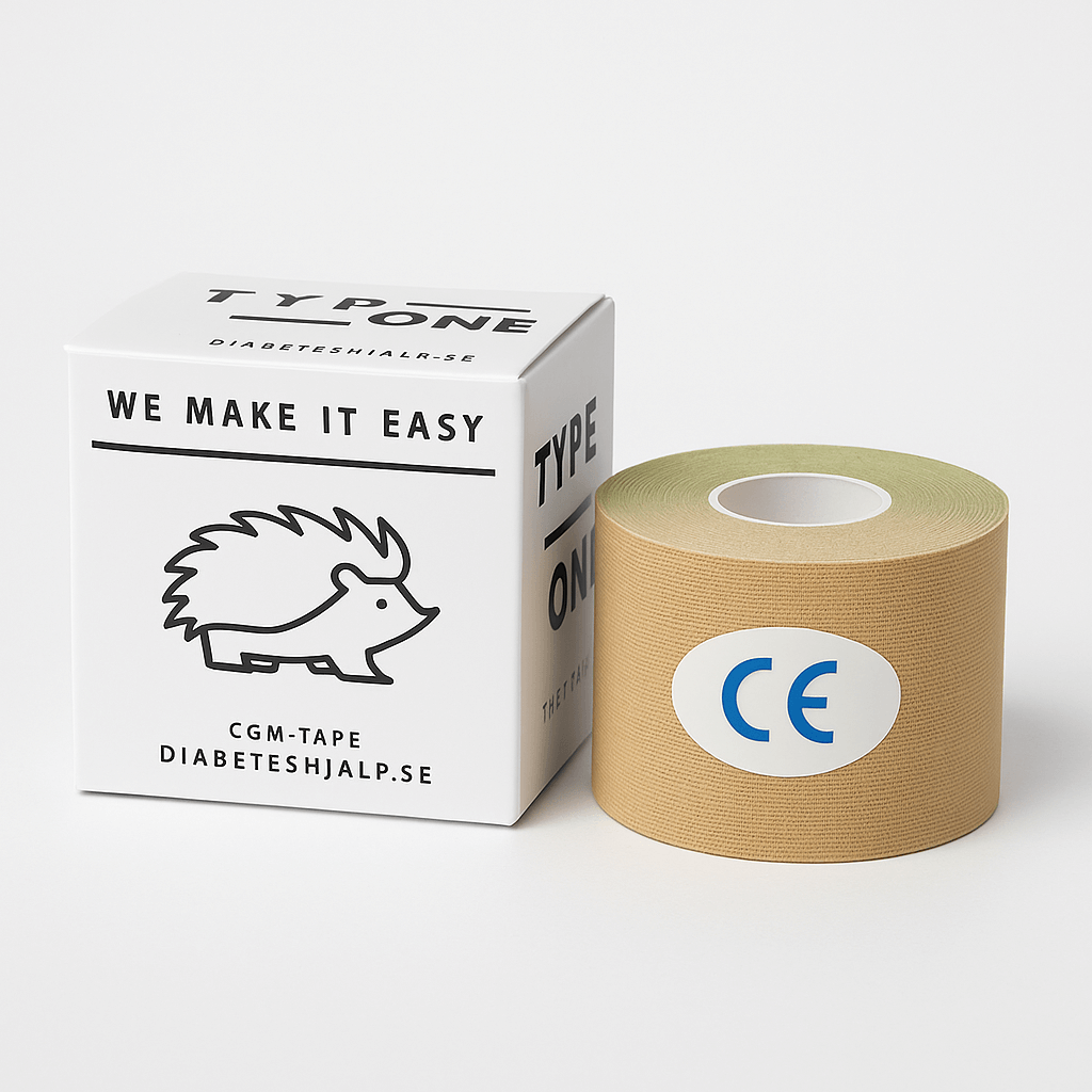 TypOne Tape Roll packaging designed for CGM sensors and insulin pumps, featuring a brown tape roll with CE marking.