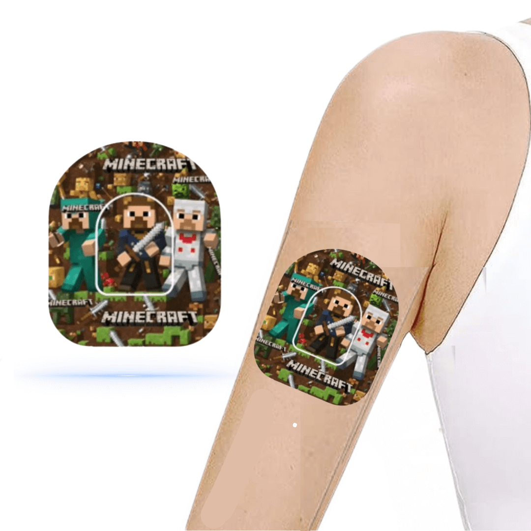 Unika Minecraft Universal pump overpatches för Omnipod 5 och dash - designade klistermärken för ökad personlighet i diabetesutrustning.