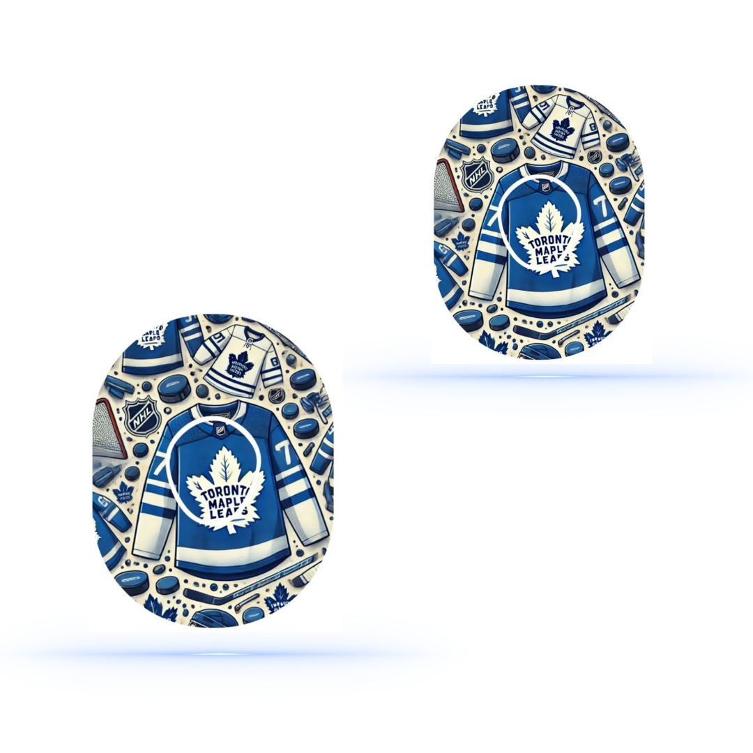 Two Toronto Maple Leafs CGM patches with a detailed hockey jersey design, highlighted against a bright background.