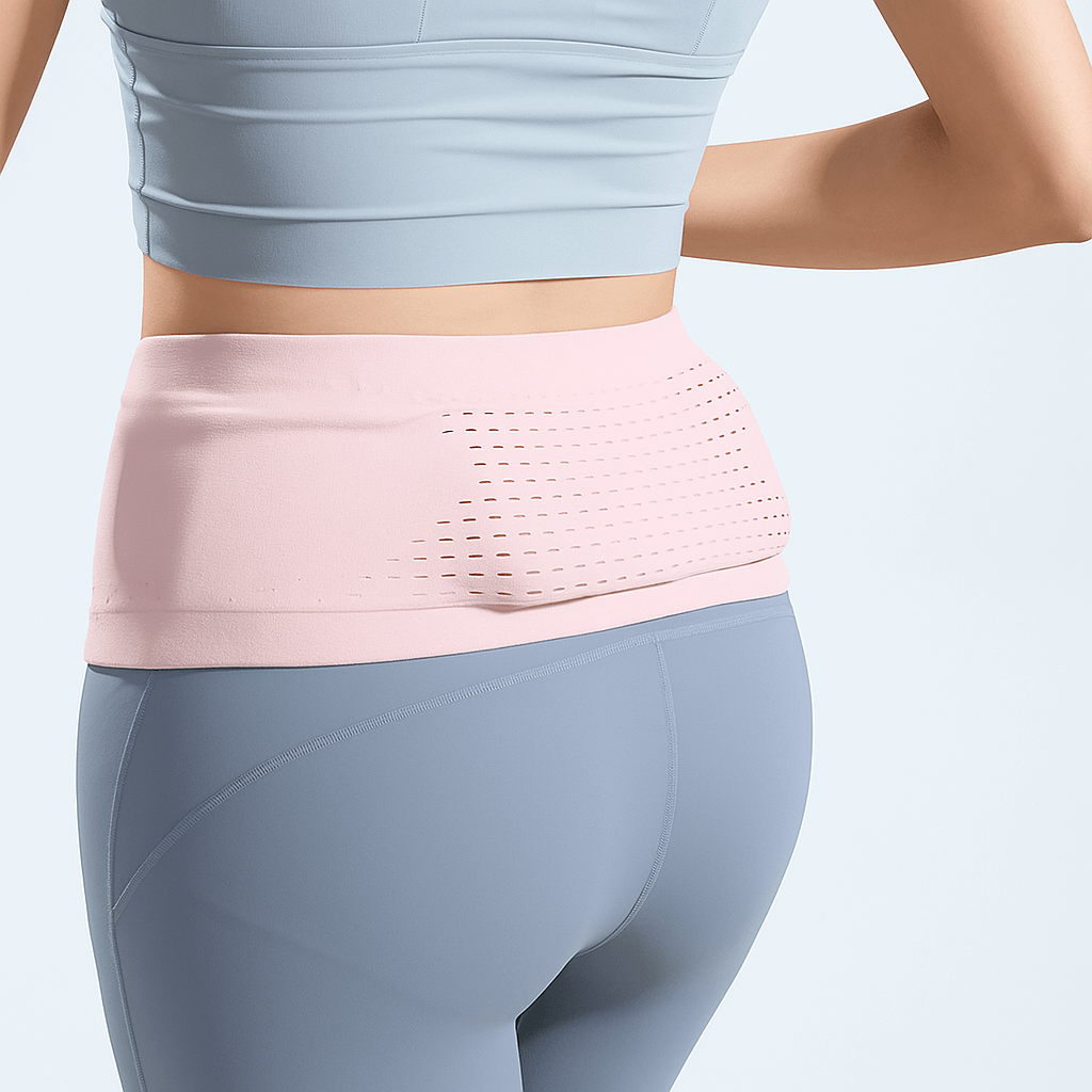 Kvinna bär pumpband för insulinpumpar och mobil, rosa midjeväska för säker och bekväm förvaring av diabetesutrustning.