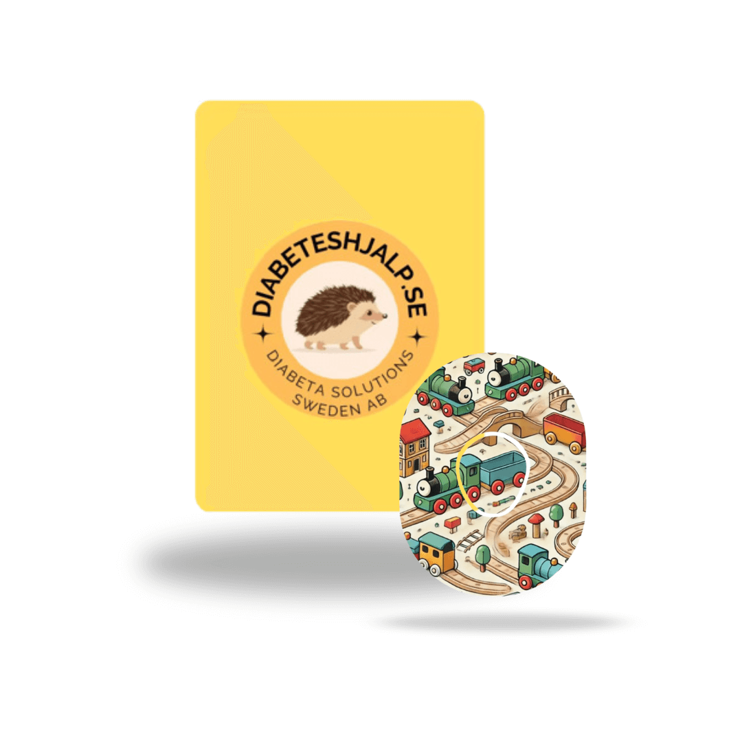 Brio Dexcom G7 sensor överplåster med lekfullt tågmotiv för stabil fixering av CGM-sensorer och infusionsset.