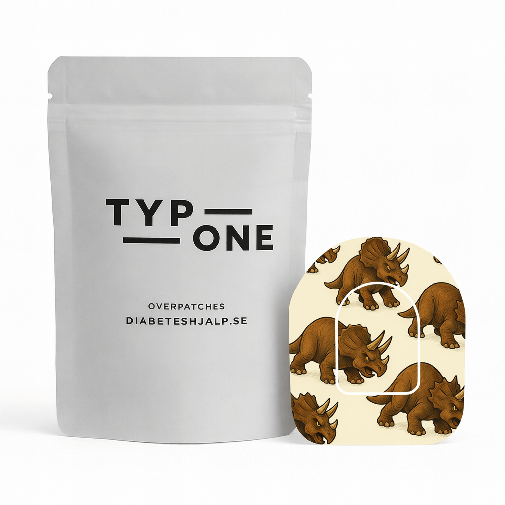 Omnipod Overpatch Triceratops extra fäste för insulinpump med lekfull dinosauriedesign.