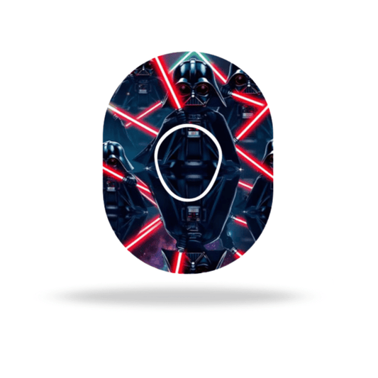 Star Wars Darth Vader CGM-sensor overpatch with lightsabers design for Dexcom G7, combining style and protection.