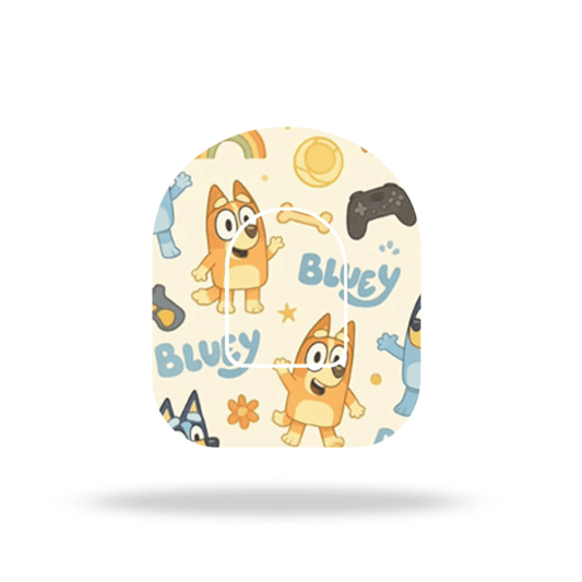 Bluey and Bingo themed Omnipod 5 & Dash pump overpatch with game controller design for extra stability.