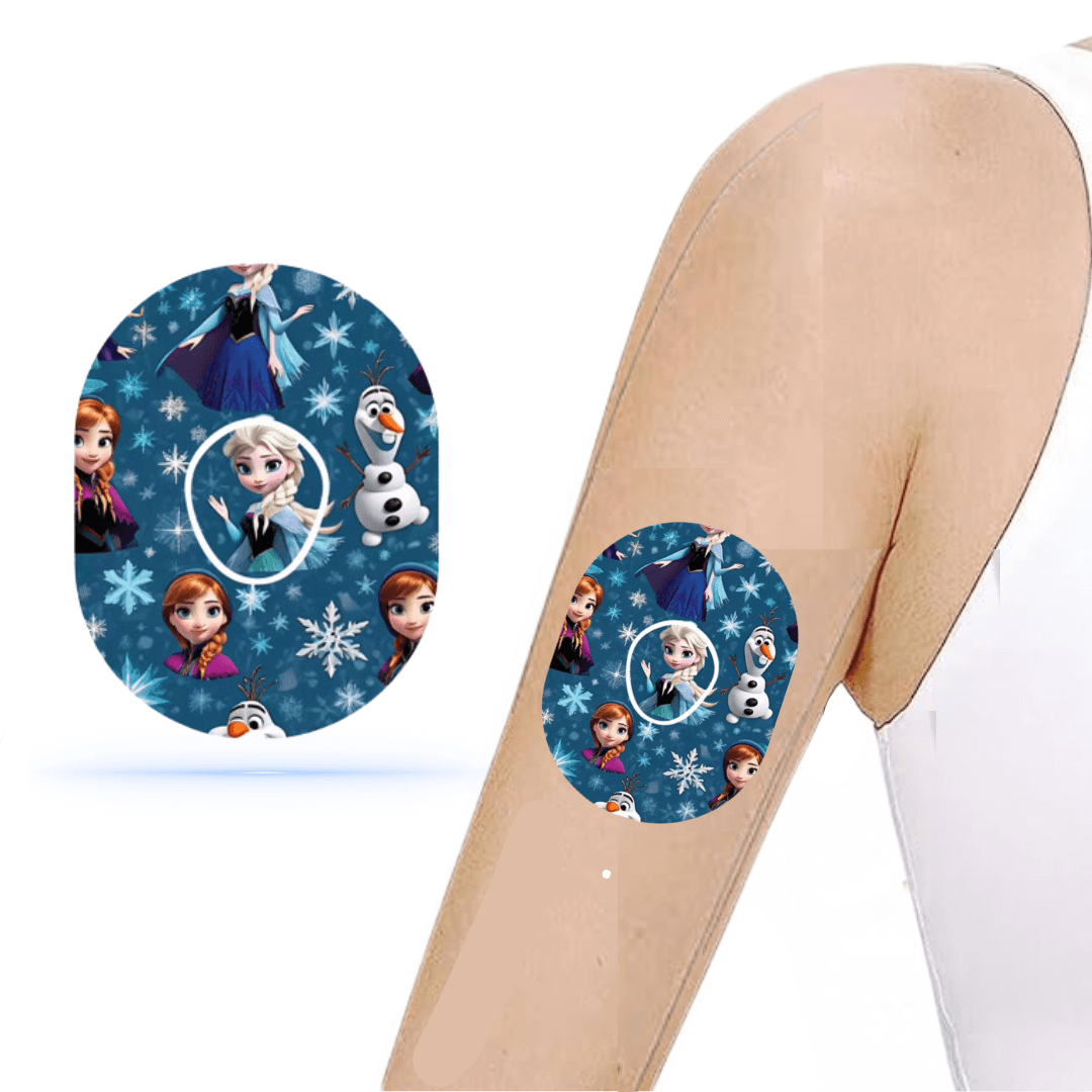 Frozen CGM-Sensor Overpatch for Dexcom G7 featuring Elsa, Anna, and Olaf design on arm.