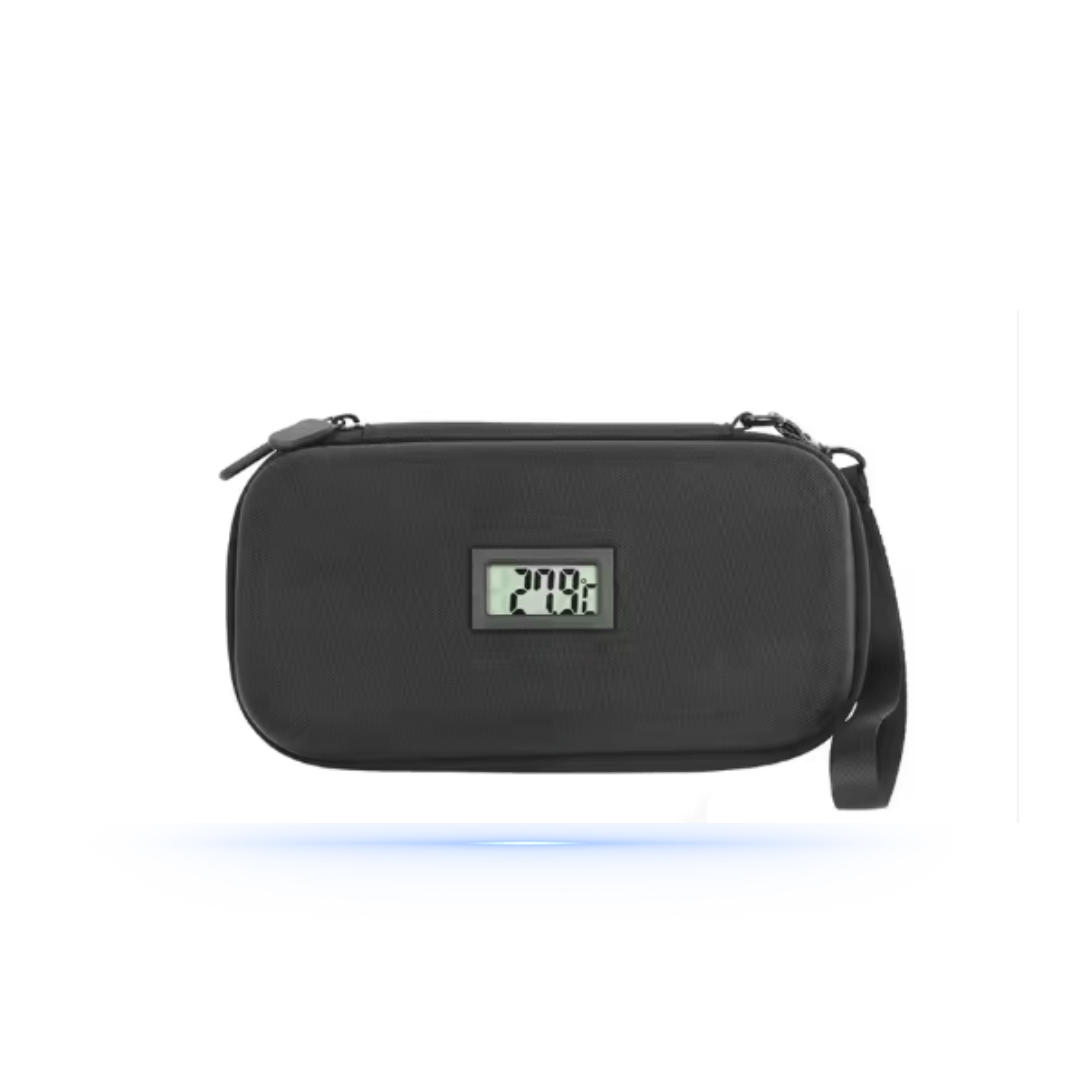 DiaCase Black smart cooling case with digital temperature display for secure storage of sensitive products.