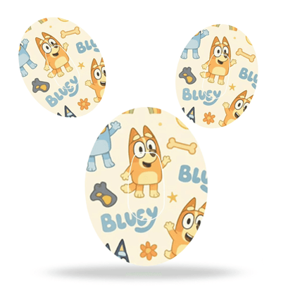 Bluey and Bingo themed CGM-sensor overpatch for Dexcom G6 with playful designs and vibrant colors.