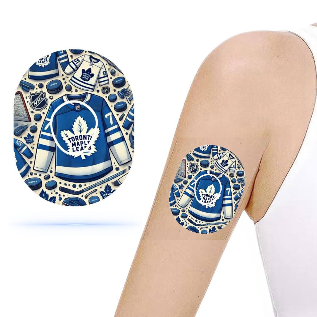 Toronto Maple Leafs CGM patch design featuring a hockey jersey and equipment, showcased on a person’s arm.