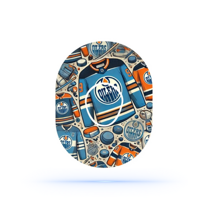 Close-up of Edmonton Oilers CGM patch showcasing vibrant hockey jersey patterns and logos.