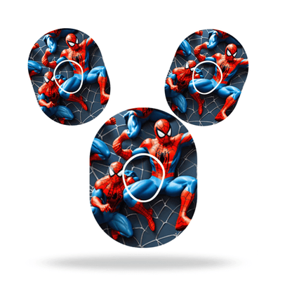Spiderman CGM-Sensor Overpatch for Dexcom G7 with colorful design and sensor stickers, perfect for added protection.