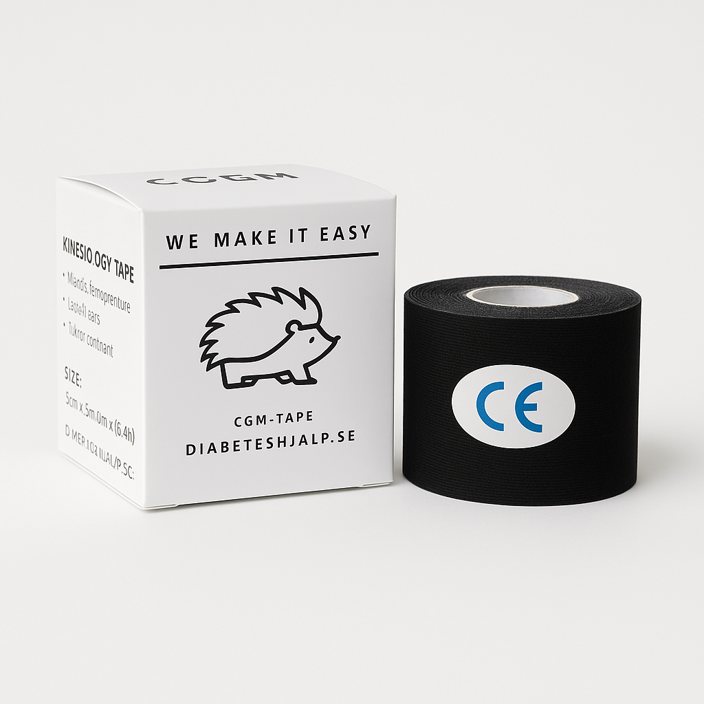 TypOne Tape Roll in black with CE mark, designed for secure CGM sensors and insulin pump attachments.